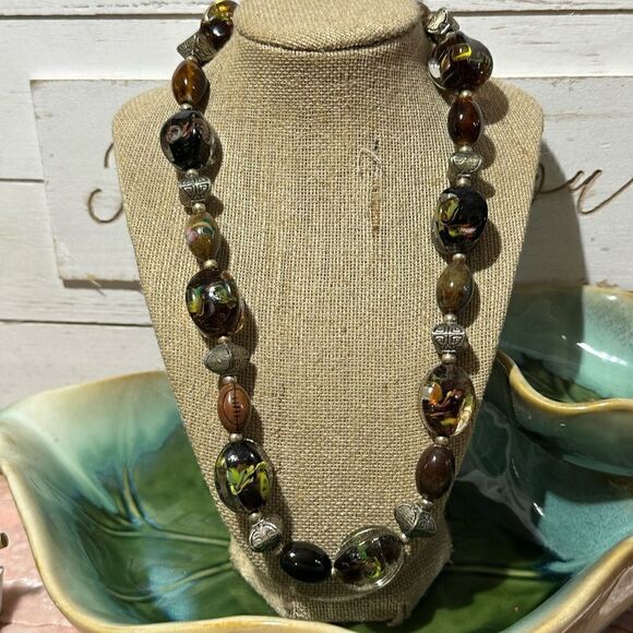 Beautiful Vintage Large Artisan Glass Dichloric Bead Necklace - Picture 1 of 6
